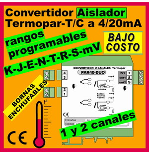 01d2- Convertidor TC-Termopar 1 y 2 CANALES aislados y programables (salida 4-20mA)